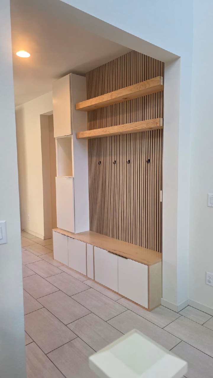 Dark diagonal shiplap full entertainment wall with LED fireplace and cabinets Arizona