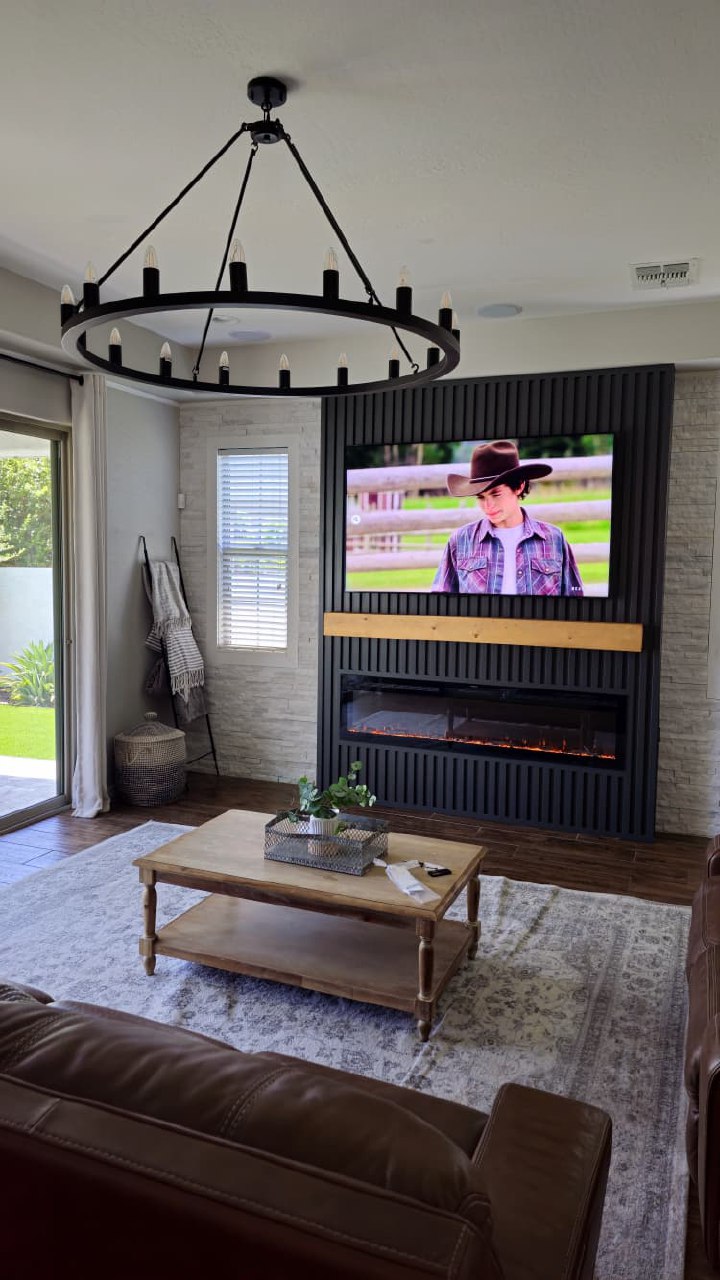 Dark slat TV wall with stone accent wall combination and leather sofa Arizona
