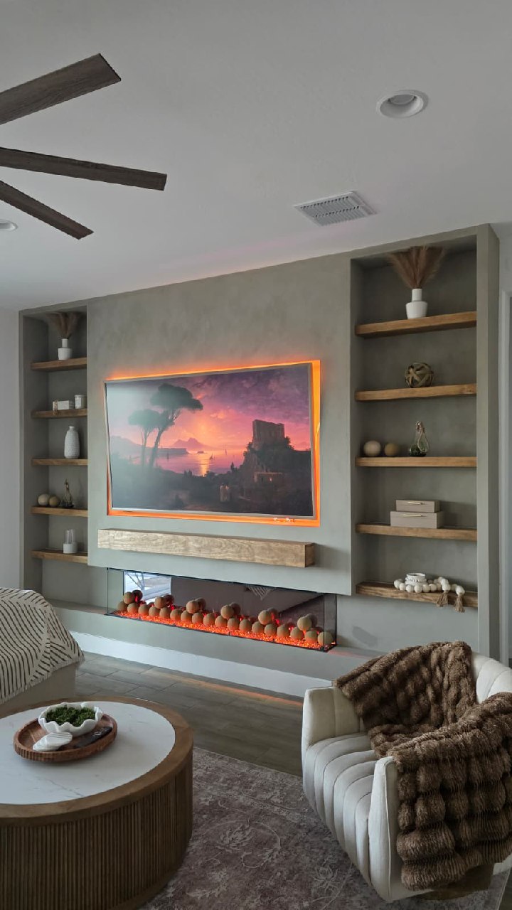 Full entertainment wall with TV, built-in shelves and orange LED lighting Arizona