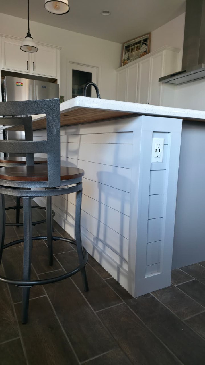 Kitchen island with white shiplap and quartz countertop Arizona