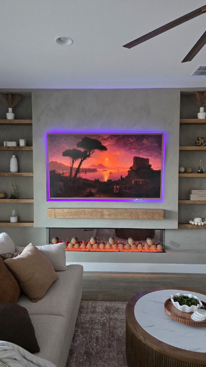 Entertainment wall with purple LED backlighting and fireplace Arizona