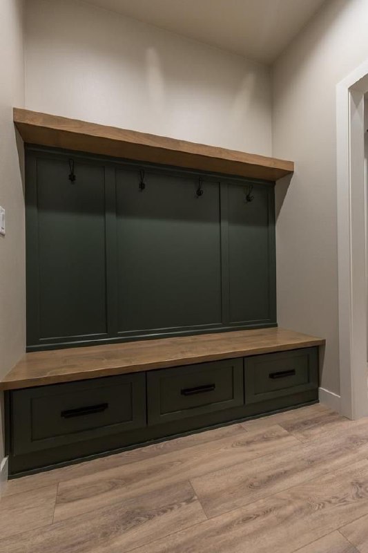 Custom dark green mudroom bench with hooks and drawers Arizona