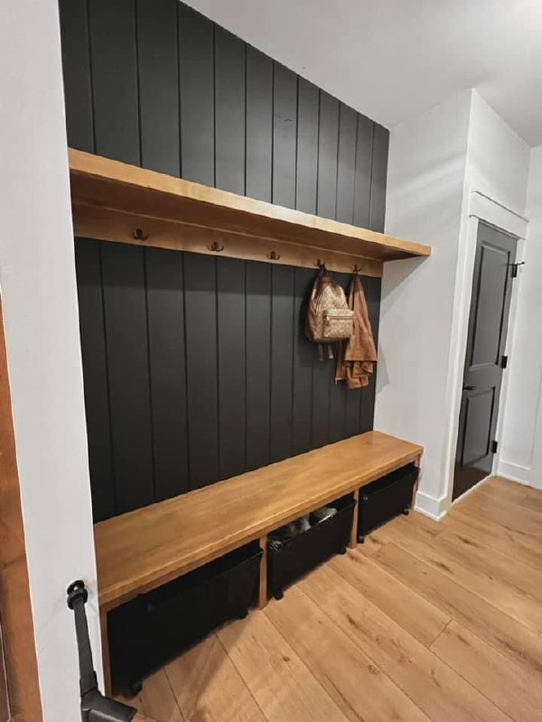 Dark shiplap mudroom bench with storage baskets and hooks Arizona