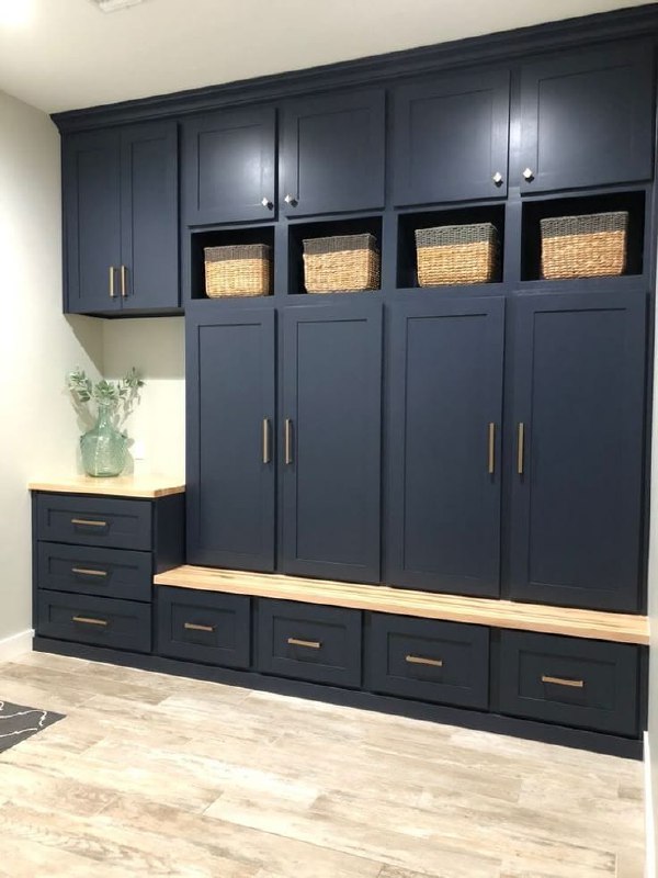Navy blue mudroom full built-in cabinets with bench Arizona